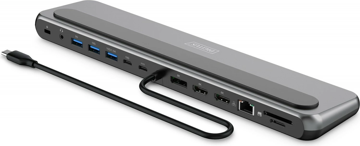 Stacion dokimi USB-C Digitus DA-70919, 12 porta, 8K/30Hz, 3 monitorë, Gigabit Ethernet, SD/MicroSD, PD 100W, zi/gri