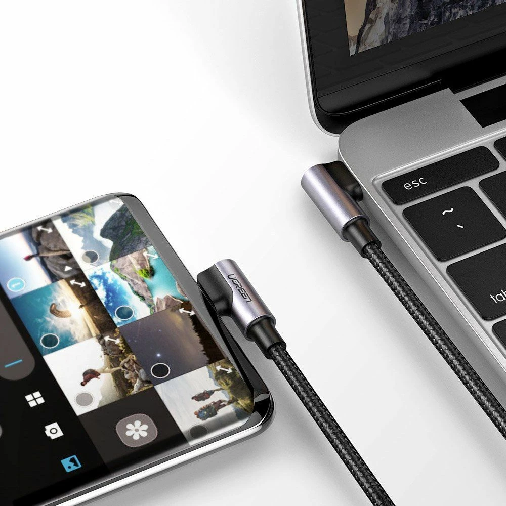 Kabllo USB-C në USB-C Ugreen US305 1 m 3A Power Delivery, këndore (angled), gri
