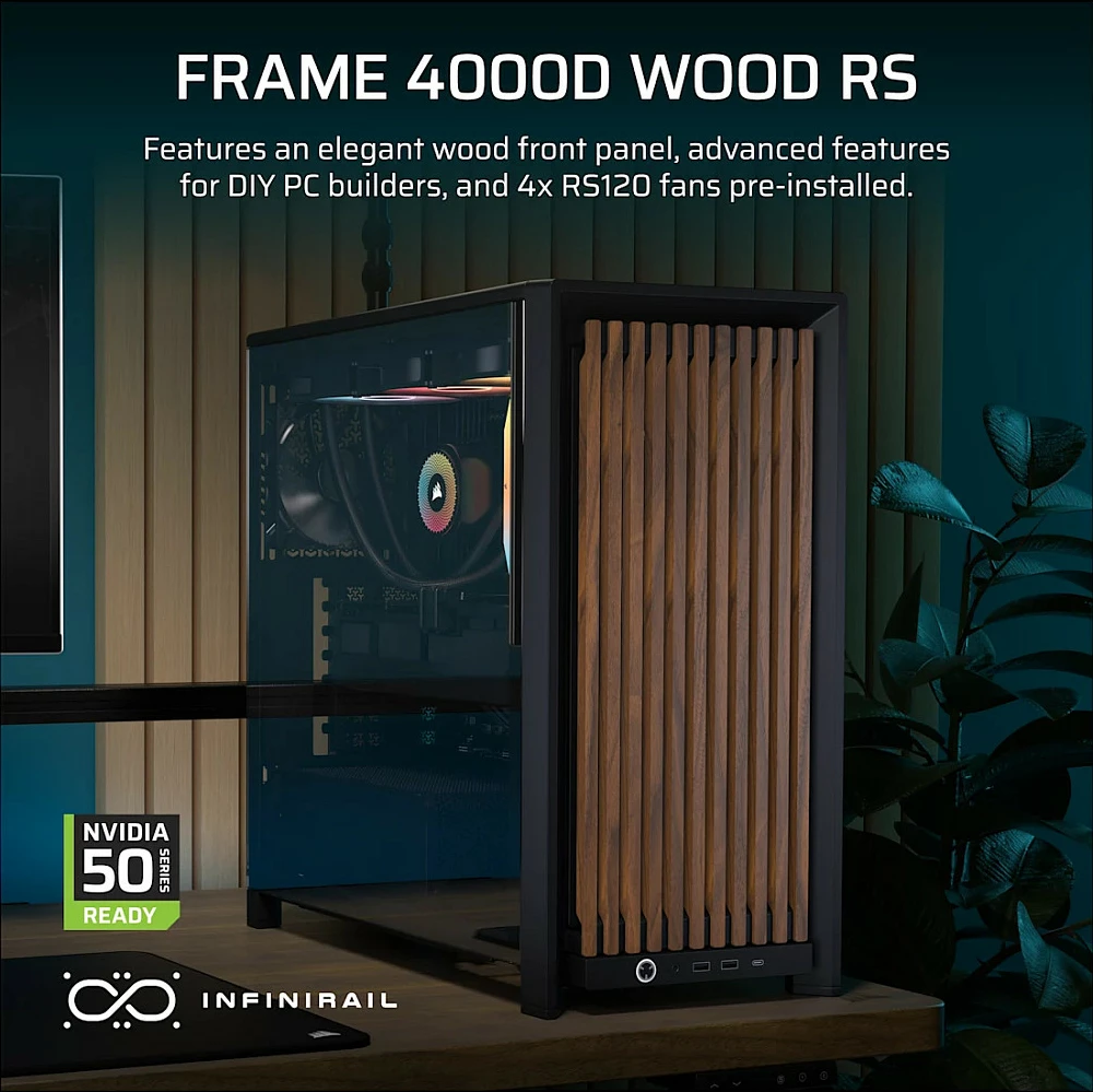 Kasë gaming Corsair Frame 4000D RS, Midi Tower, E-ATX, xham i temperuar, e zezë/wood