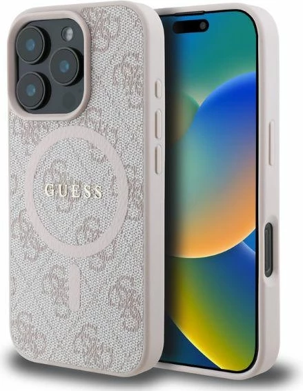 Mbështjellës, Guess, 4G Ring Classic Logo MagSafe, për iPhone 16 Pro 6.3", TPU/PC/eko-lëkurë, rozë