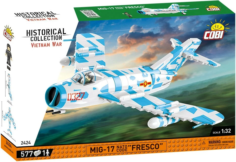 Set ndërtimi Cobi Klocki MiG-17 Fresco, Historical Collection, 577 pjesë, me figurë piloti, Kamuflazh blu-bardhë