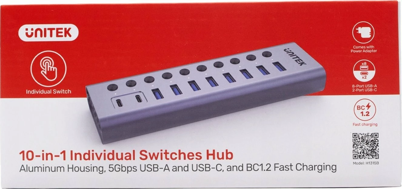 Hub USB Unitek H1315B01-EU 10-në-1, 2x USB-C + 8x USB-A 3.0, 5Gbps, me adapter 12V/3A, argjendtë