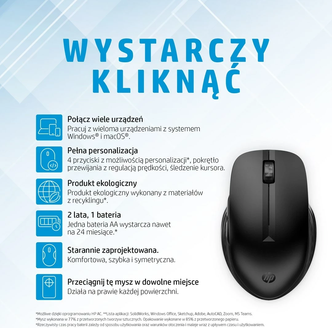 Maus pa tela HP 435, multi-device, Bluetooth/USB, i zi