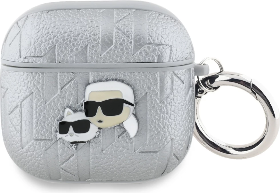 Mbështjellës Karl Lagerfeld Monogram Karl & Choupette Head për AirPods 4, argjendtë