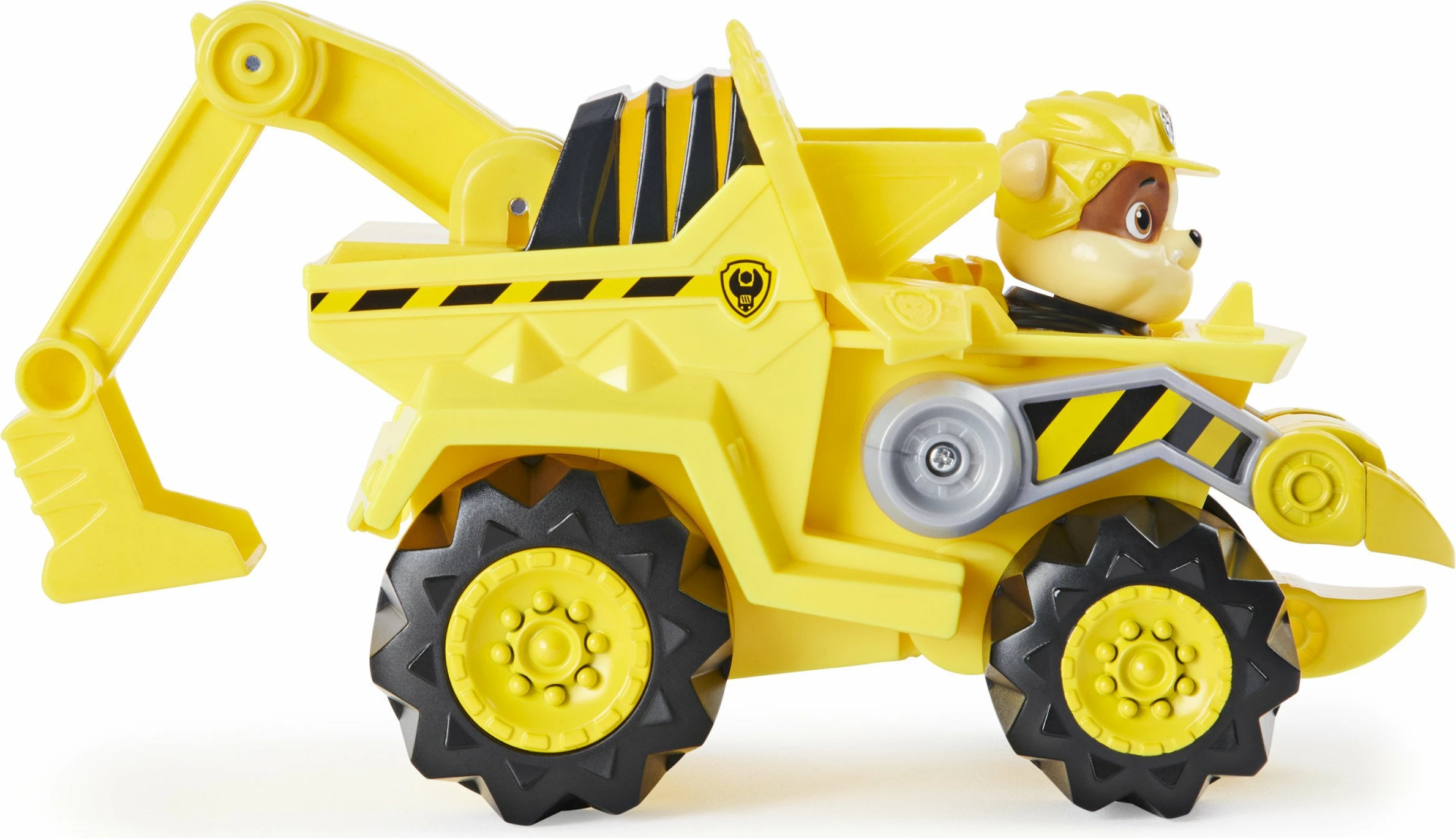 Automjet lodër Spin Master Paw Patrol Dino Rescue Rubble Deluxe Vehicle me mekanizëm tërheqës, figurina dino surprizë, verdhë/zi