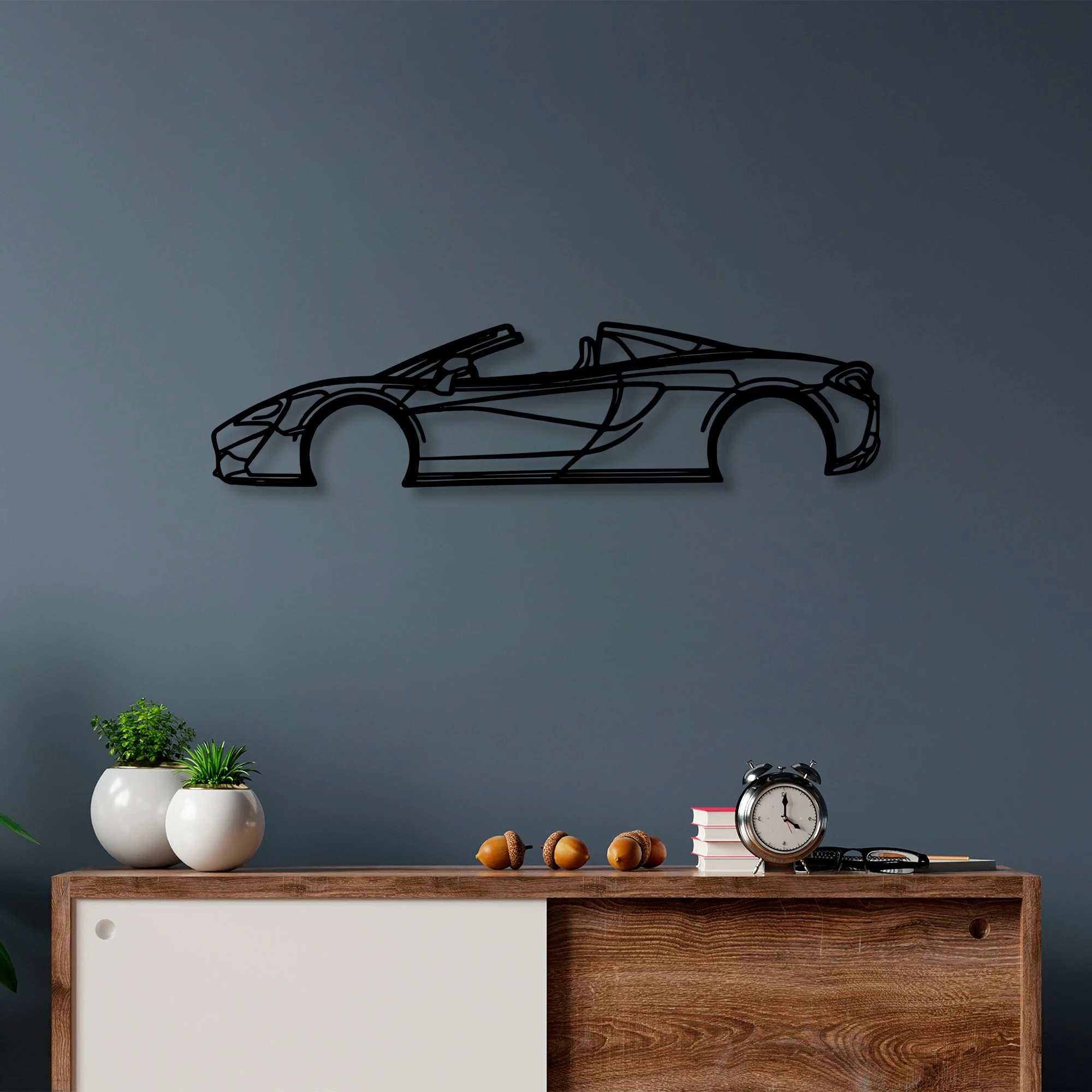 Aksesor dekorativ për mur, silueta McLaren 570S, metal i zi, 70x17cm