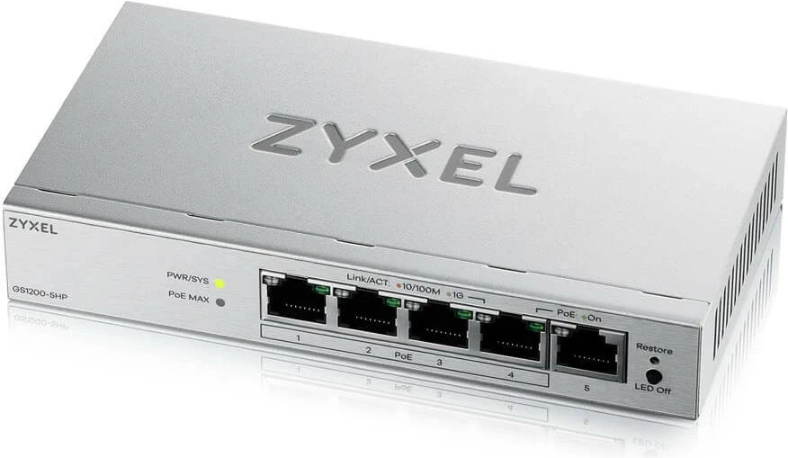 Switch Zyxel GS1200-5HPV3-EU0101F 5xGE L2 i menaxhueshëm, PoE+ (4 porta), 155×85×26 mm, gri