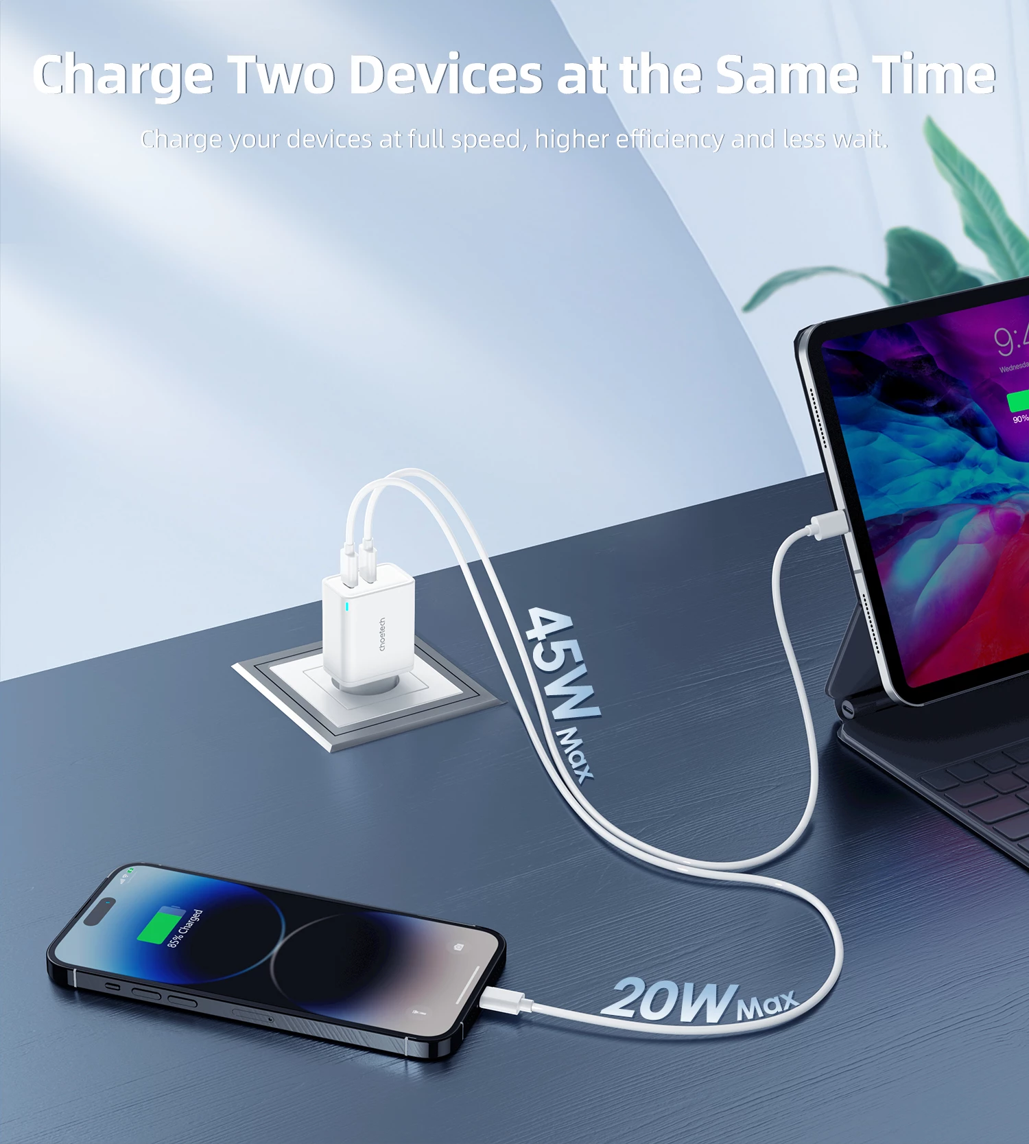 Karikues muri Choetech PD6013, 2x USB-C PD, 65W, i bardhë