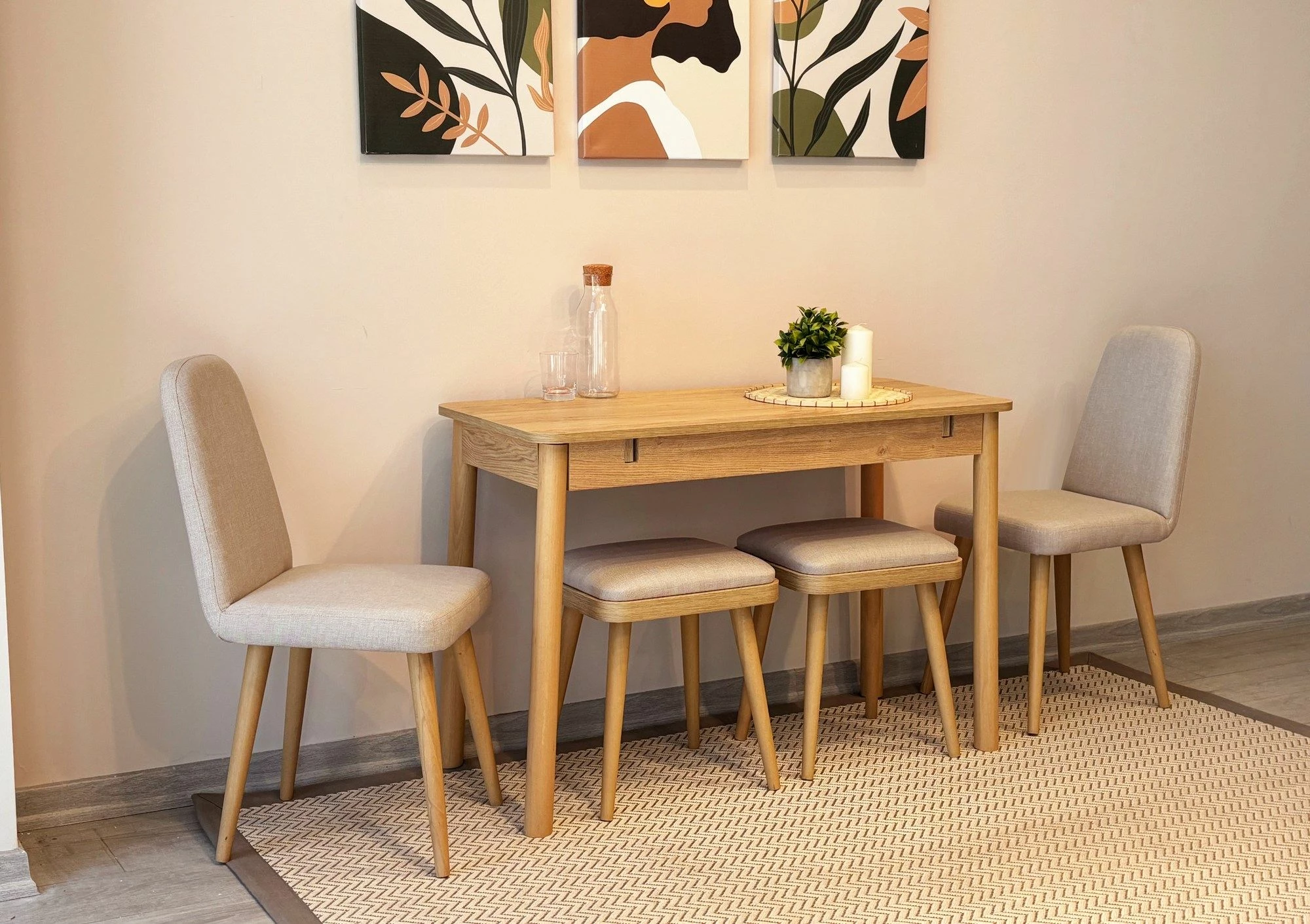 Set tavoline me karrige, zgjatshme, 5 pjesë, Skye Decor, Vina Mini 02 1005, ngjyrë lis dhe krem