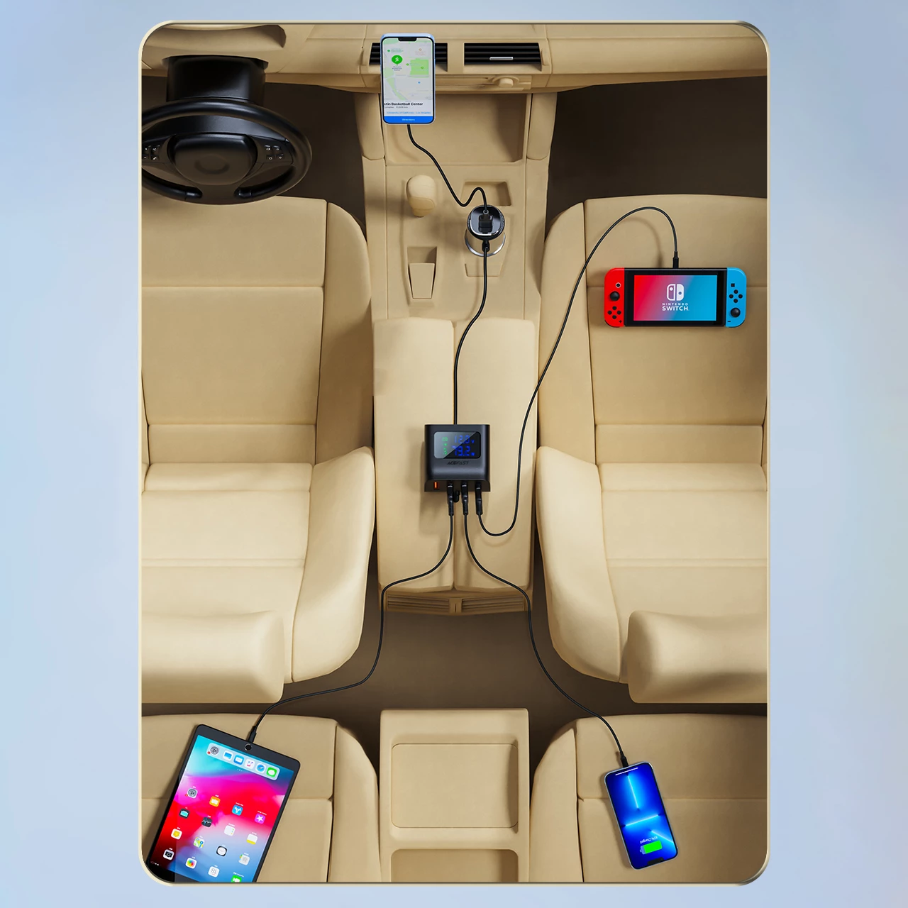 Karikues veture Acefast B8, 90W, 3x USB, 1x USB Type-C, me ekran, i zi