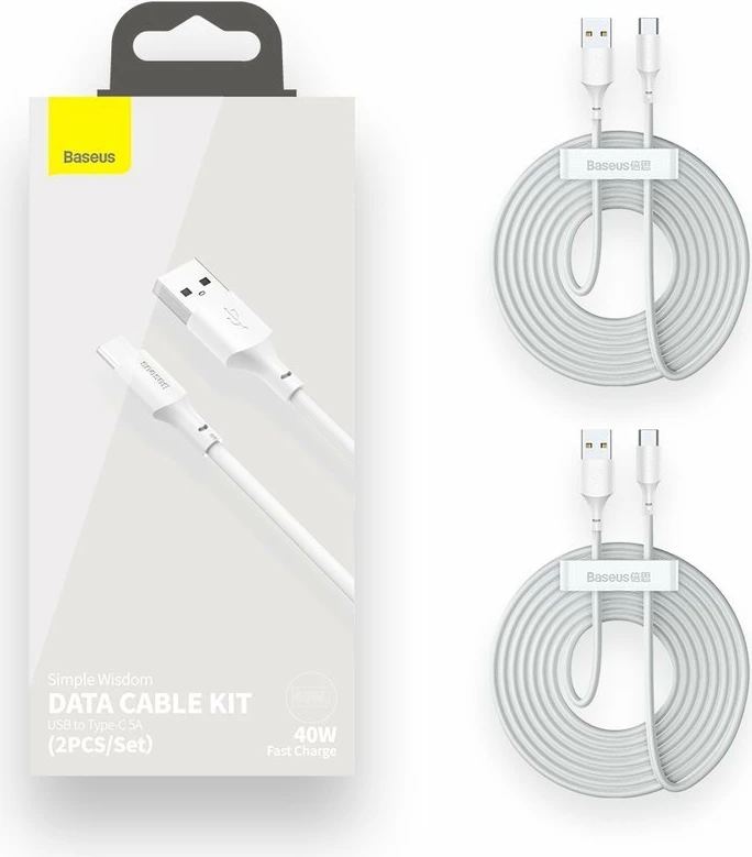 Kabllo USB në USB Type-C Baseus TZCATZJ-02, 1.5m, 40W, Set 2 copë, Bardhë