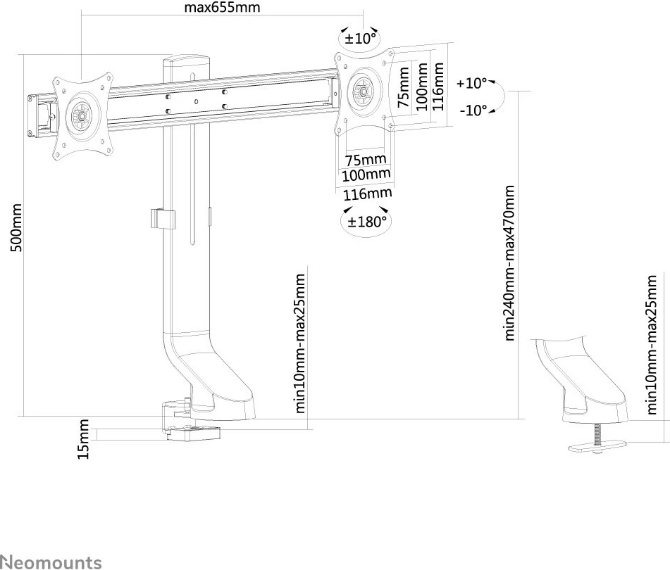 Mbajtës tavoline Neomounts FPMA-D860DBLACK, 2 ekrane, 27", i zi