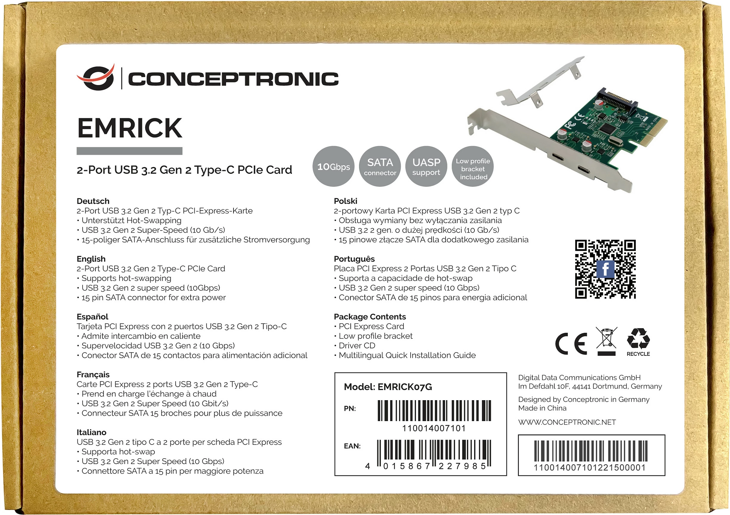 Kartelë zgjerimi PCIe Conceptronic 4xPCIe2.0, 2x USB-C 3.2 Gen2 10Gbps, e gjelbër
