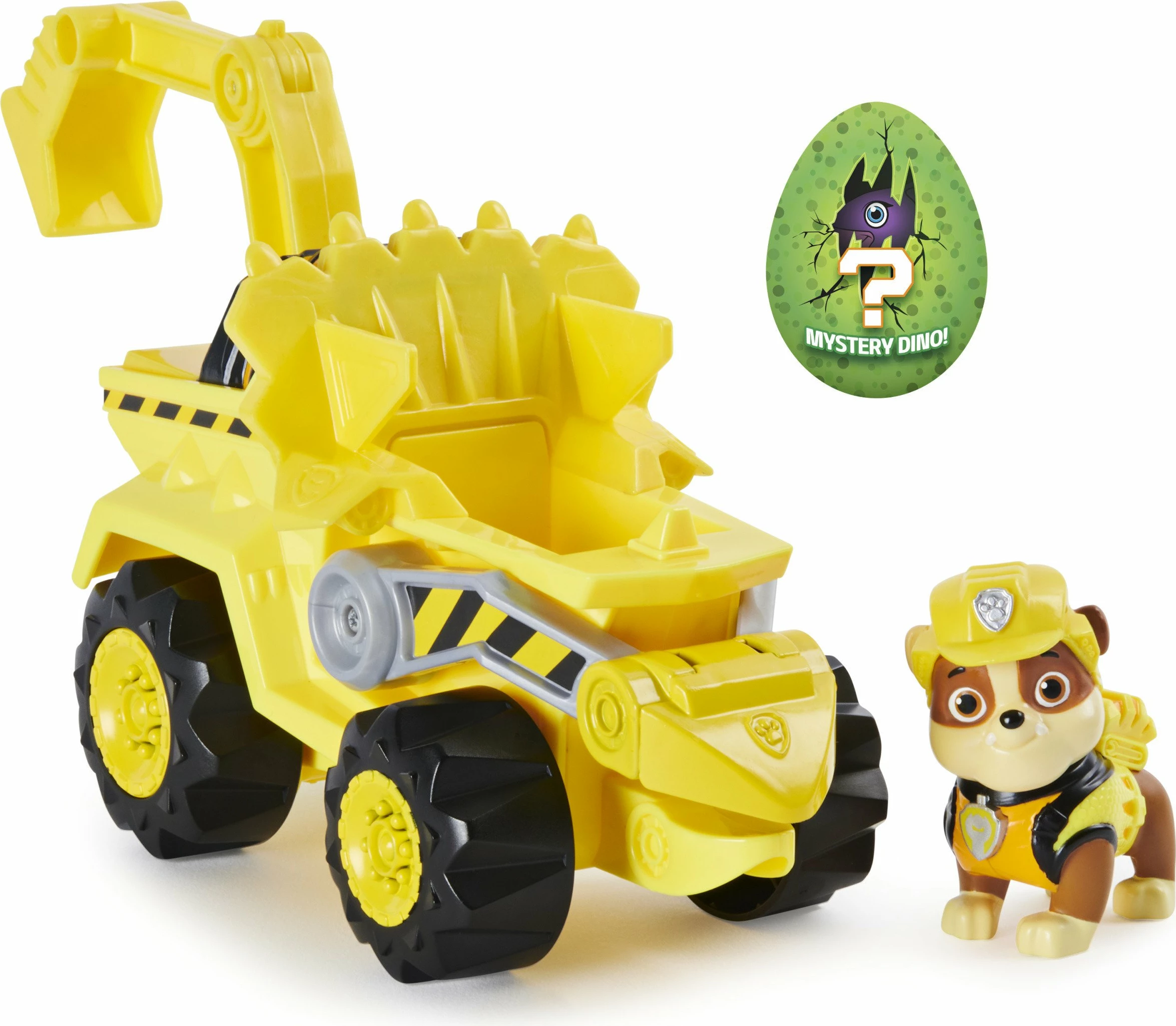 Automjet lodër Spin Master Paw Patrol Dino Rescue Rubble Deluxe Vehicle me mekanizëm tërheqës, figurina dino surprizë, verdhë/zi