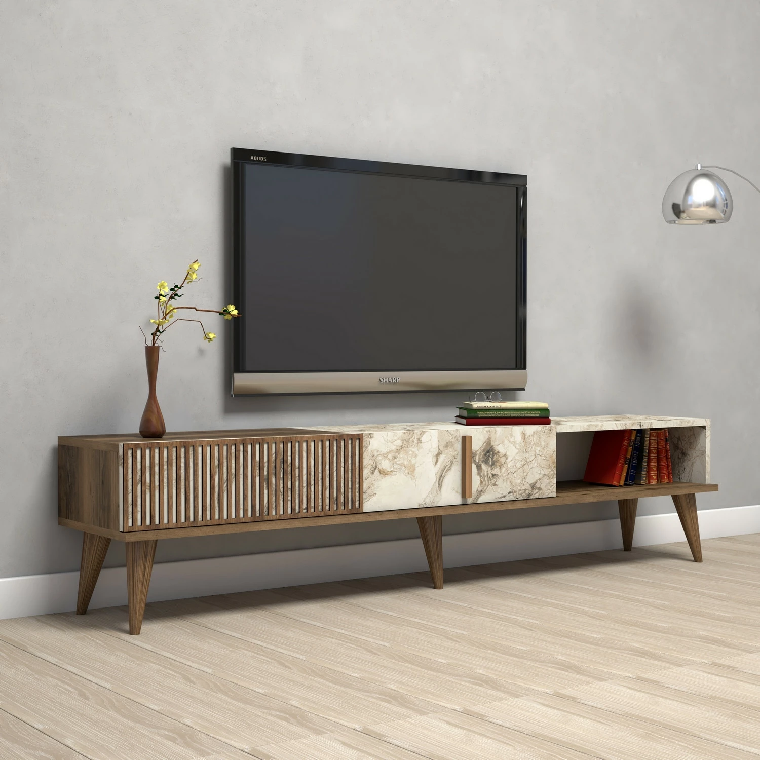 Komodë TV Skye Decor, ngjyrë arre, mermer i bardhë, Milan