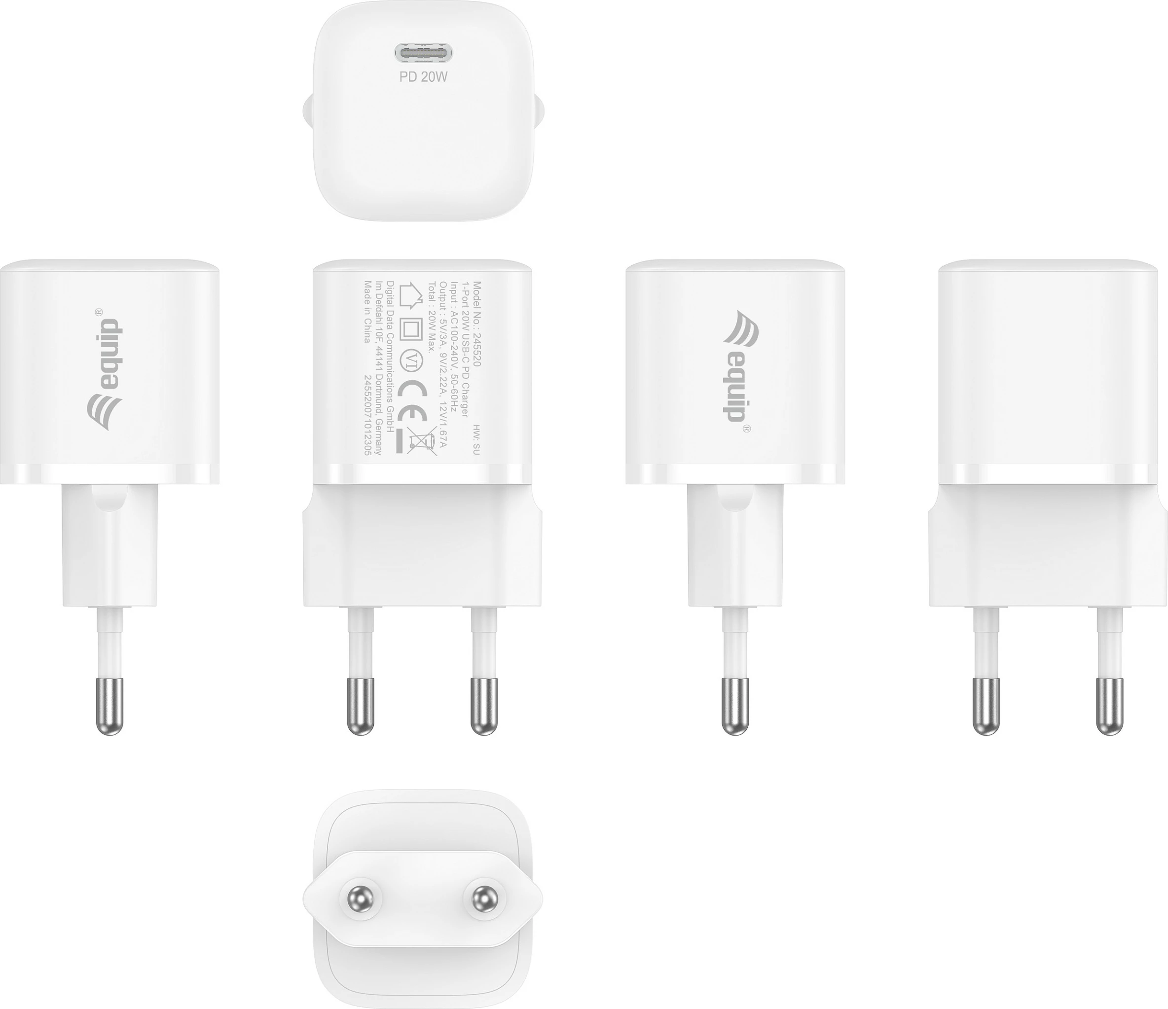 Karikues muri EQUIP USB-C PD3.0, 20W, 1 port, paketim 25 copë, i bardhë