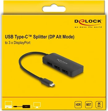 Splitter USB-C DeLOCK, MST në 3x DisplayPort, 4K 60Hz, DP 1.4, 0.15m, i zi