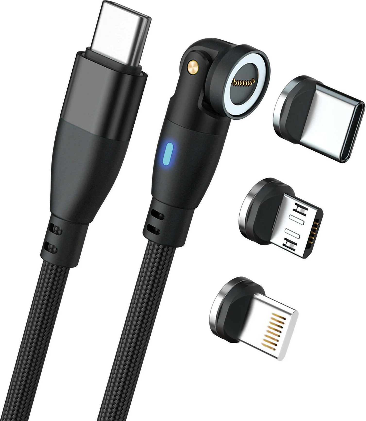 Kablë magnetike RealPower 100W, 1m, USB-C me adapterë Lightning/Micro-USB/USB-C, e zezë