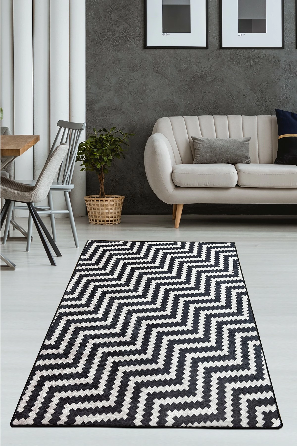 Qilim për korridor, 80x150cm, Conceptum Hypnose, model Zickzack, ngjyrë e zezë dhe e bardhë