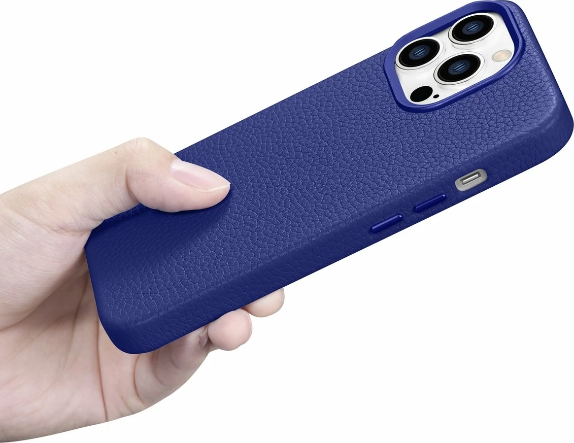 Mbështjellës iCarer Litchi Premium për iPhone 14 Pro Max, lëkurë natyrale, MagSafe, Kaltër