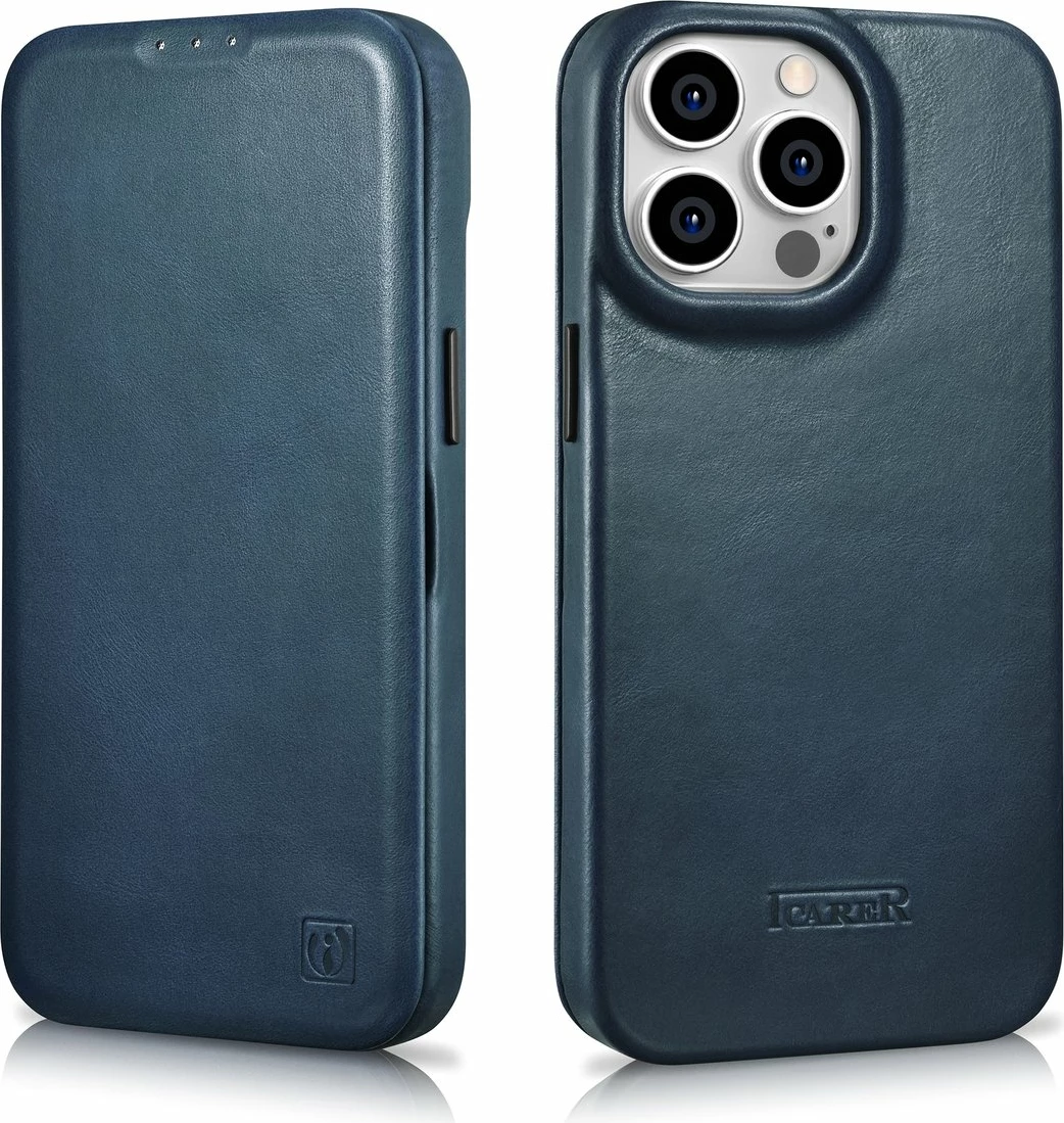 Mbështjellës iCarer Oil Wax Premium Leather Folio për iPhone 14 Pro, MagSafe, Blu