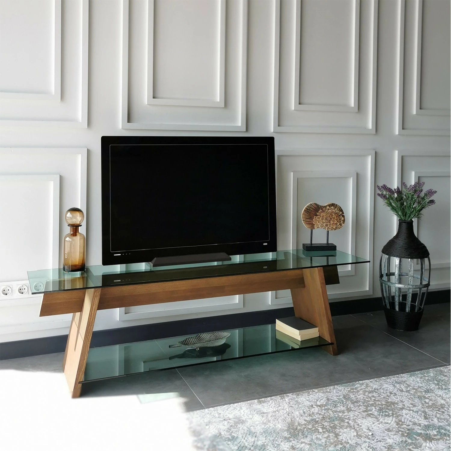 Komodë TV Hanah Home, TV202, ngjyrë arre dhe e gjelbër, xham i temperuar, 158x45x40cm