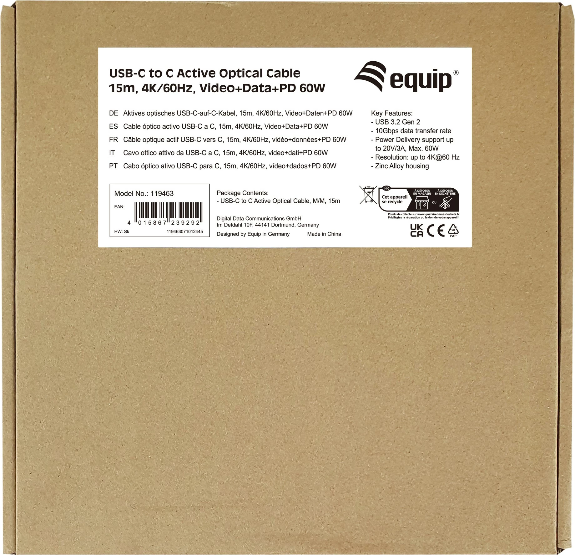 Kabllo USB C në USB C Equip 119463, 15m, 4K/60Hz, 10Gbps, PD 60W, e zezë