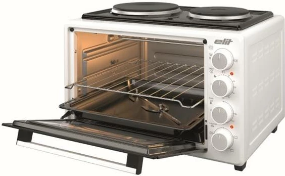 Mini furrë me dy plita, Elit OPTIDUO 35WH, 35 L, 1400 W, me shkop rrotullues dhe dritë, e bardhë