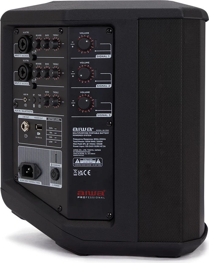 Altoparlant portativ aktiv Aiwa AX-1PRO 100W RMS Bluetooth 5.0 me bateri, mikser 3-kanalësh me reverb, TWS, 6.5\" woofer, i zi