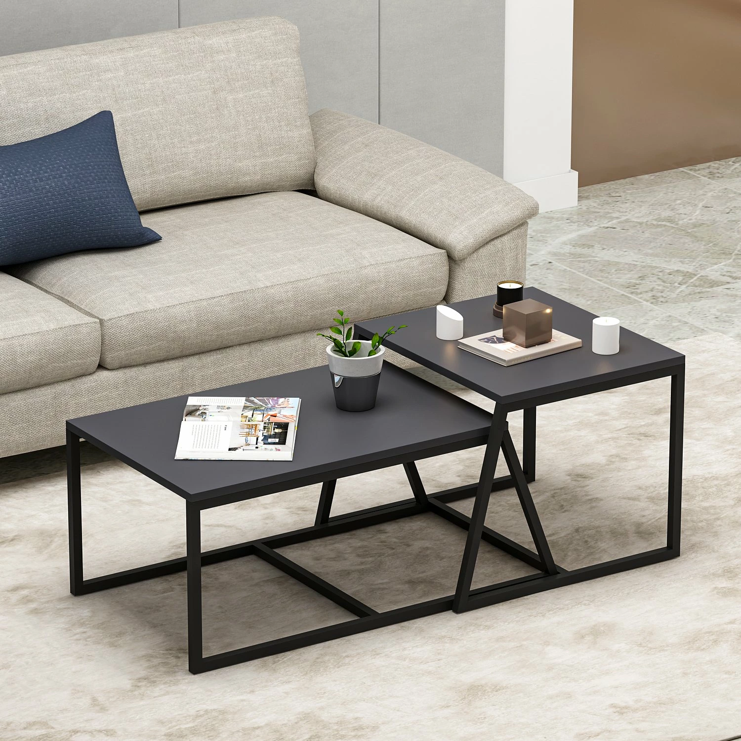 Set tavolinash kafeje Hanah Home, minimal, ngjyrë antracit