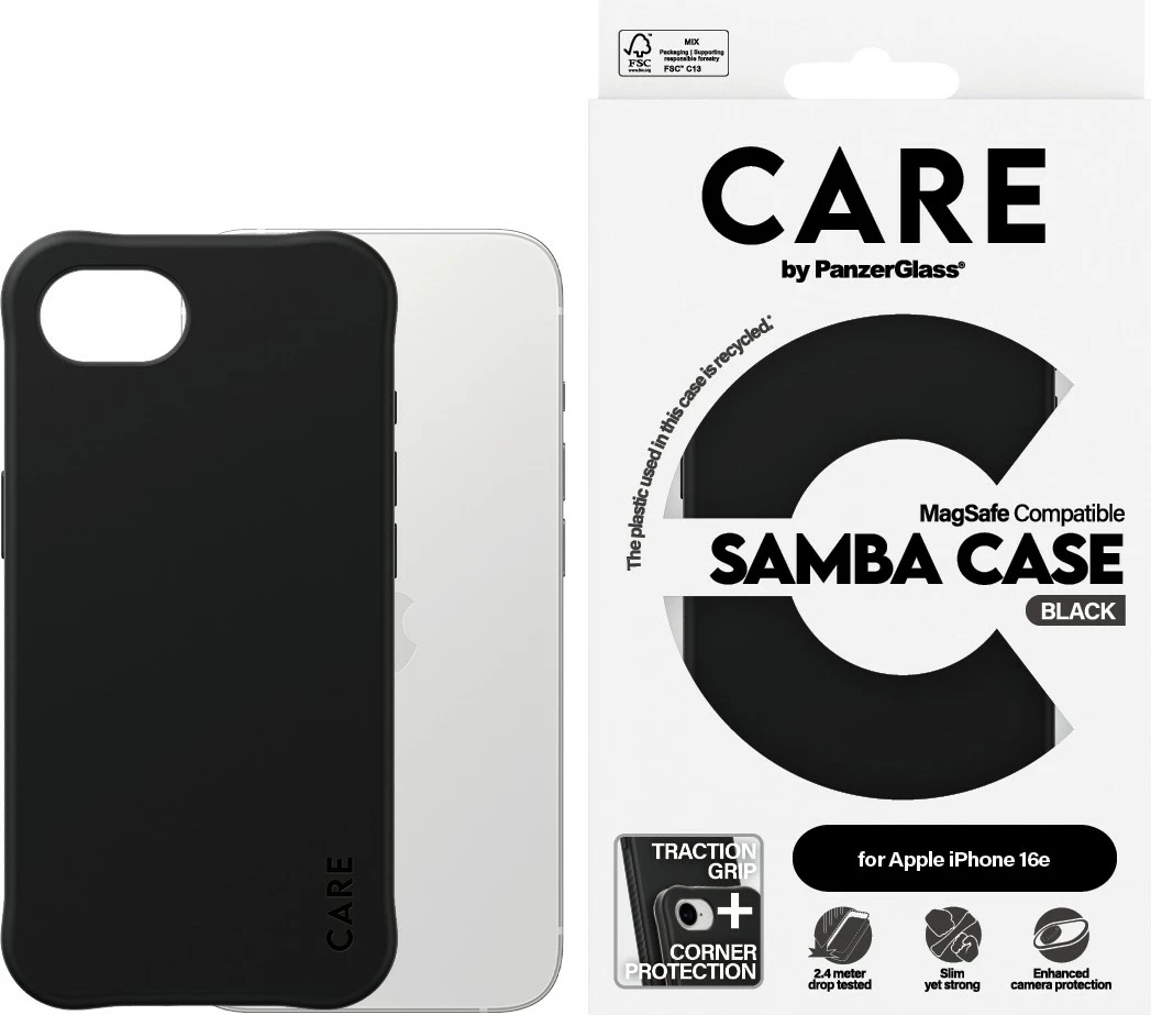 Mbështjellës PanzerGlass CARE Case Samba me MagSafe, i zi, për iPhone 16e