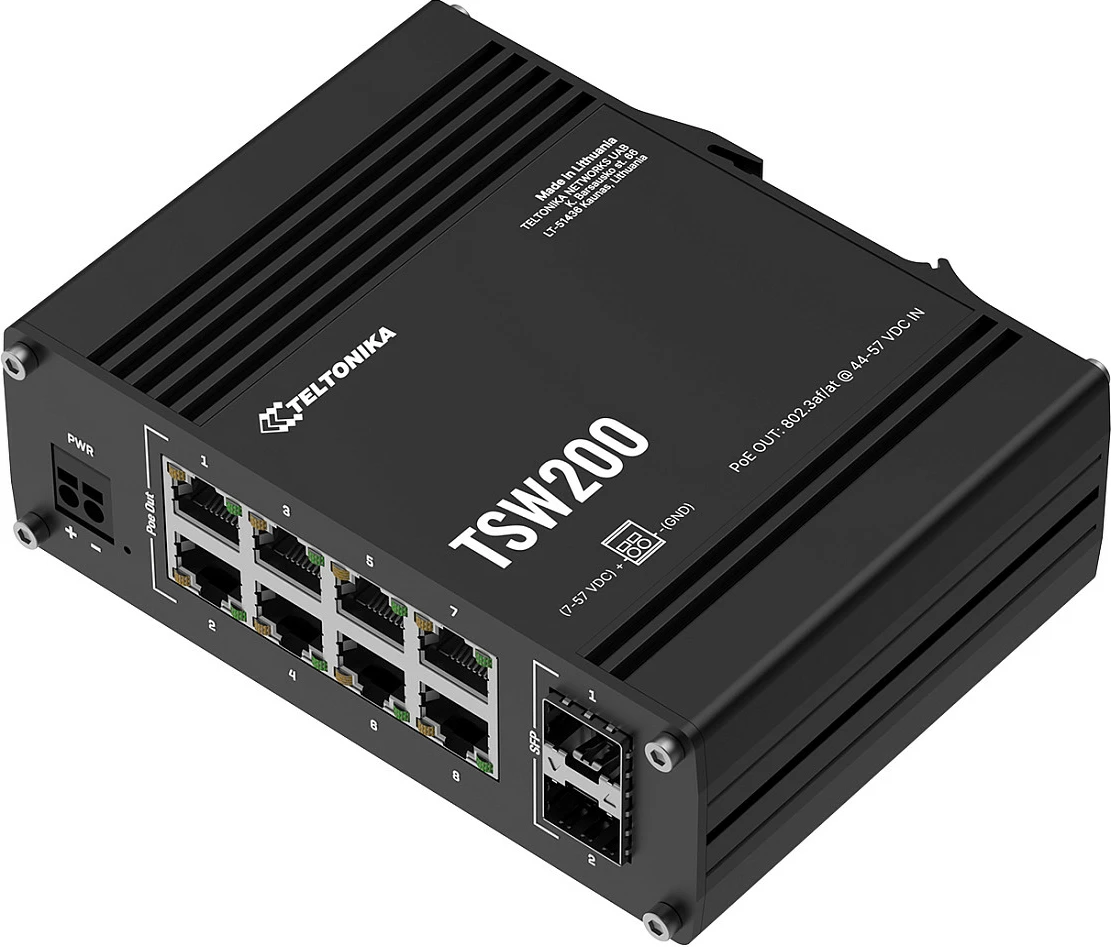 Switch industrial Teltonika TSW200, 8x Gigabit PoE, 2x SFP, montim DIN/Wall, i zi
