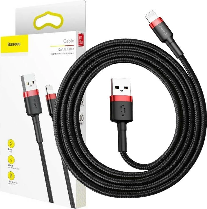 Kabllo USB në Lightning Baseus Cafule CALKLF-B19, 1m, 2.4A, Kuqe+Zezë