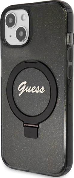 Mbështjellës Guess Ring Stand Script Glitter MagSafe për iPhone 15 Plus / 14 Plus, i zi