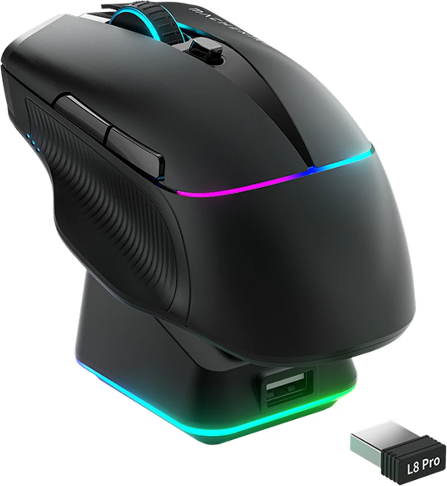Maus gaming wireless Machenike L8 Pro 26000 DPI tri-mode (USB/2.4GHz/Bluetooth), me dock magnetik RGB, i zi