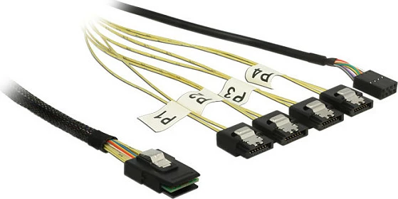 Kabëll DeLOCK Mini SAS SFF-8087 në 4x SATA 7pin, 1 m, reverse breakout, zi/argjendtë/verdhë