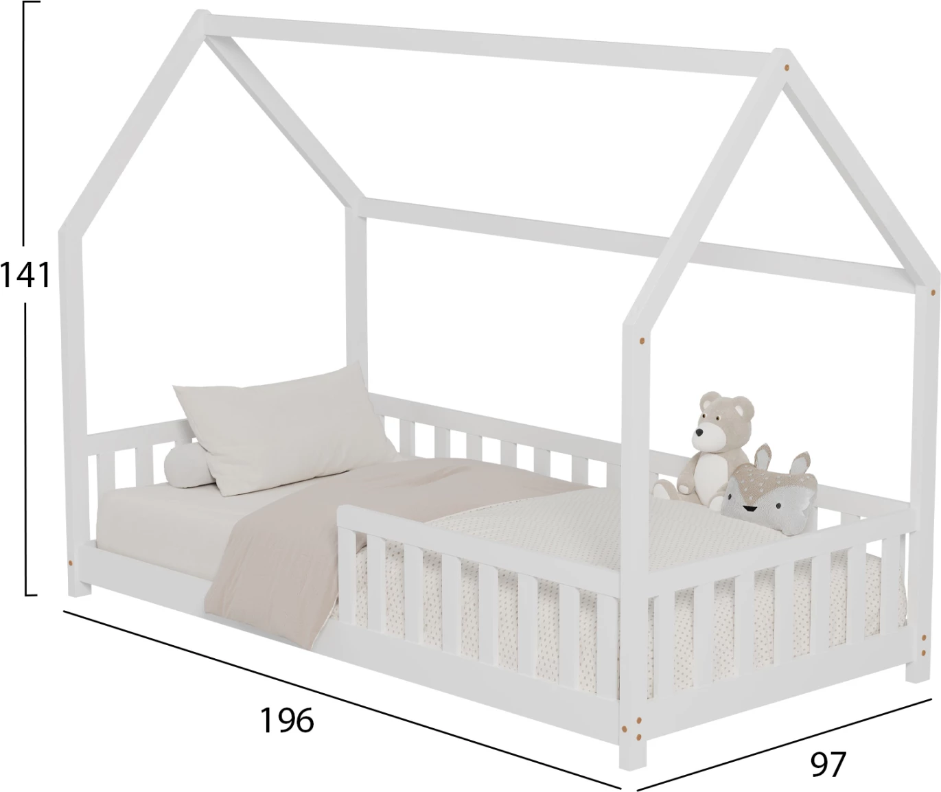 Krevat për fëmijë me gardh PHYLLIS FH679.03 t.MONTESSORI dru pishe i bardhë - 190x90cm
