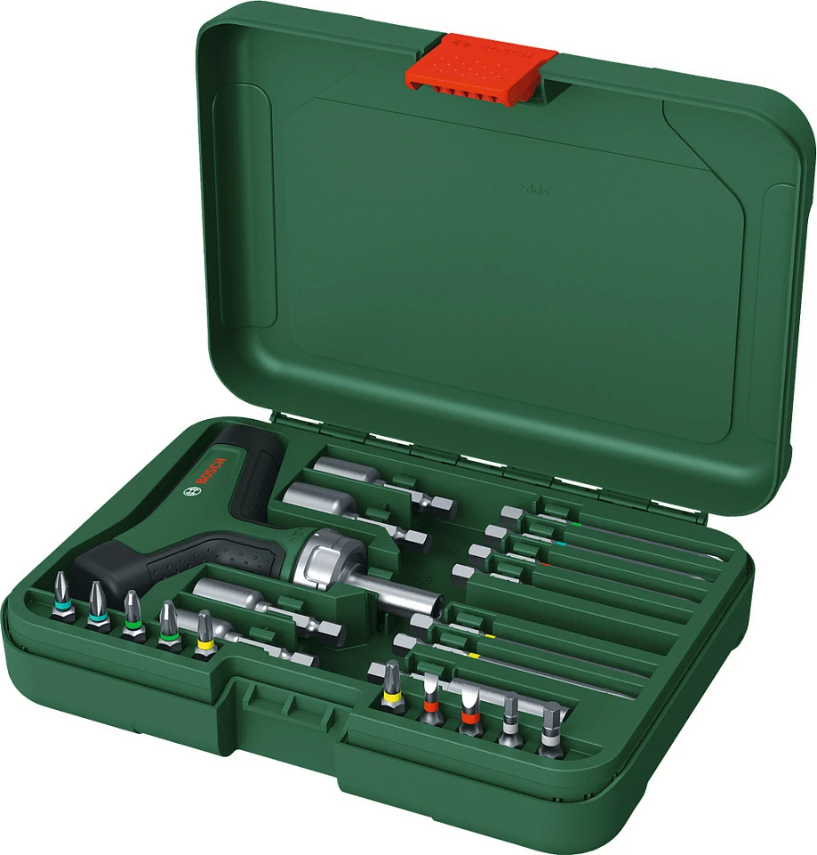 Kaçavidë me bit Bosch T-Grip ratchet, set 22 pjesë, 16 bita, 46 Nm, gjelbër/zi
