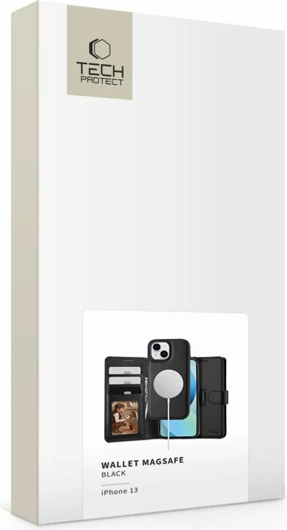 Mbështjellës Tech-Protect Wallet MagSafe për iPhone 13, eko lëkurë, i zi