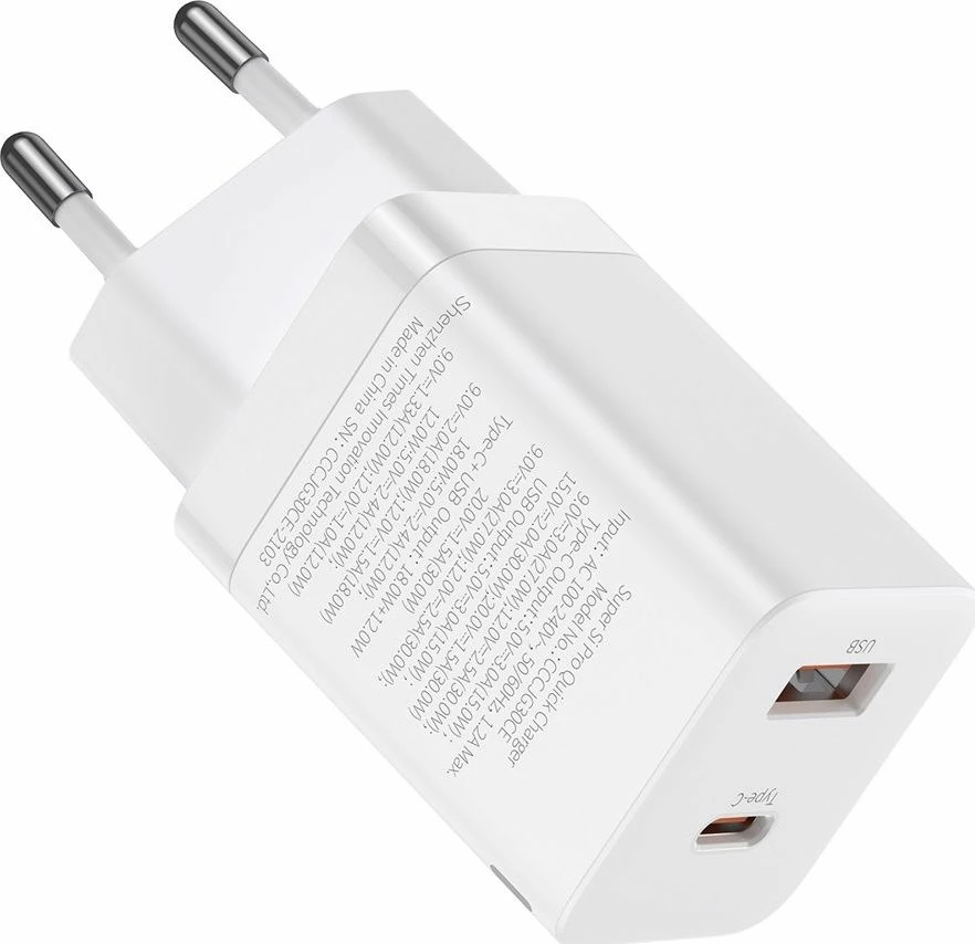 Karikues rrjeti Baseus Super Si Pro CCSUPP-E02 30W PD/QC, 1x USB-A + 1x USB-C, 3A, i bardhë