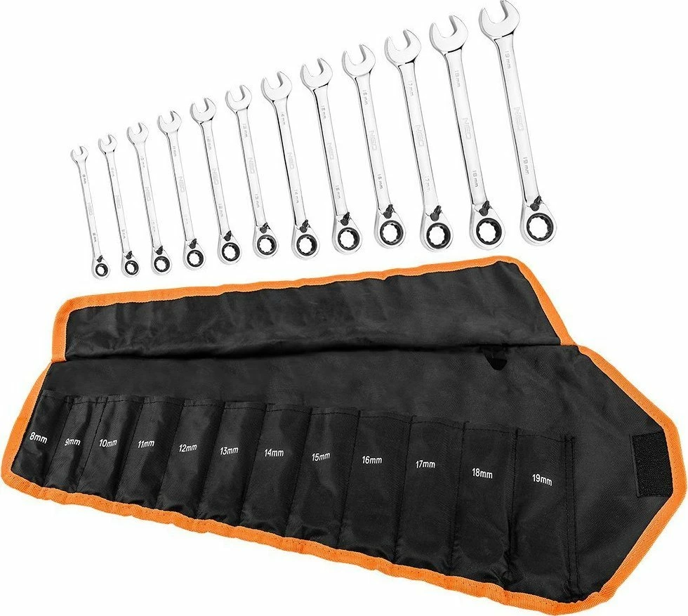 Set çelësa me kriket NEO 09-345 8-19 mm, 12 copë, me çantë rrotulluese, zezë/portokalli