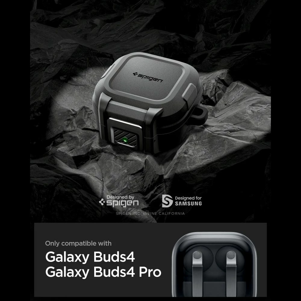 Mbështjellës i blinduar me kyçje Spigen Lock Fit për Samsung Galaxy Buds 4 / Buds 4 Pro, set me karabiner, Matte Black