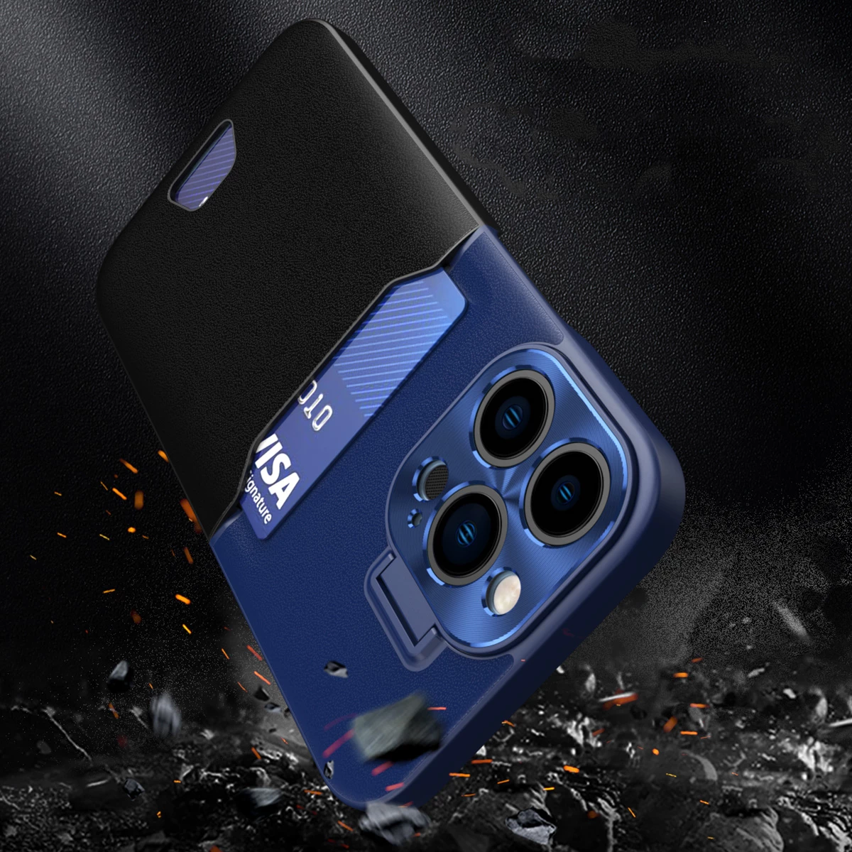 Mbështjellës Hurtel Leather Stand Case për iPhone 14 Pro Max, me xhep për kartela dhe stand, Kaltër
