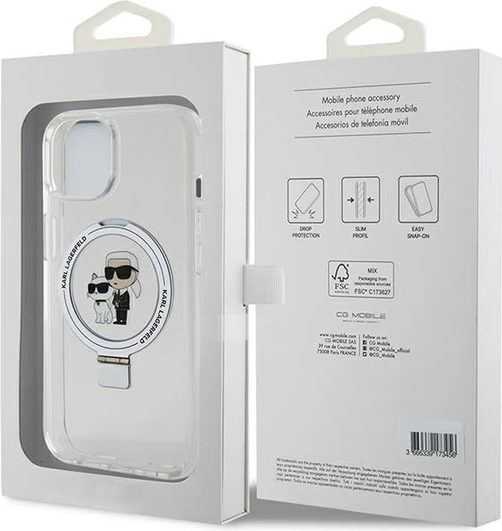 Mbështjellës Karl Lagerfeld KLHMP15MHMRSKCH për iPhone 15 Plus / 14 Plus 6.7", me unazë Ring Stand, MagSafe, Bardhë
