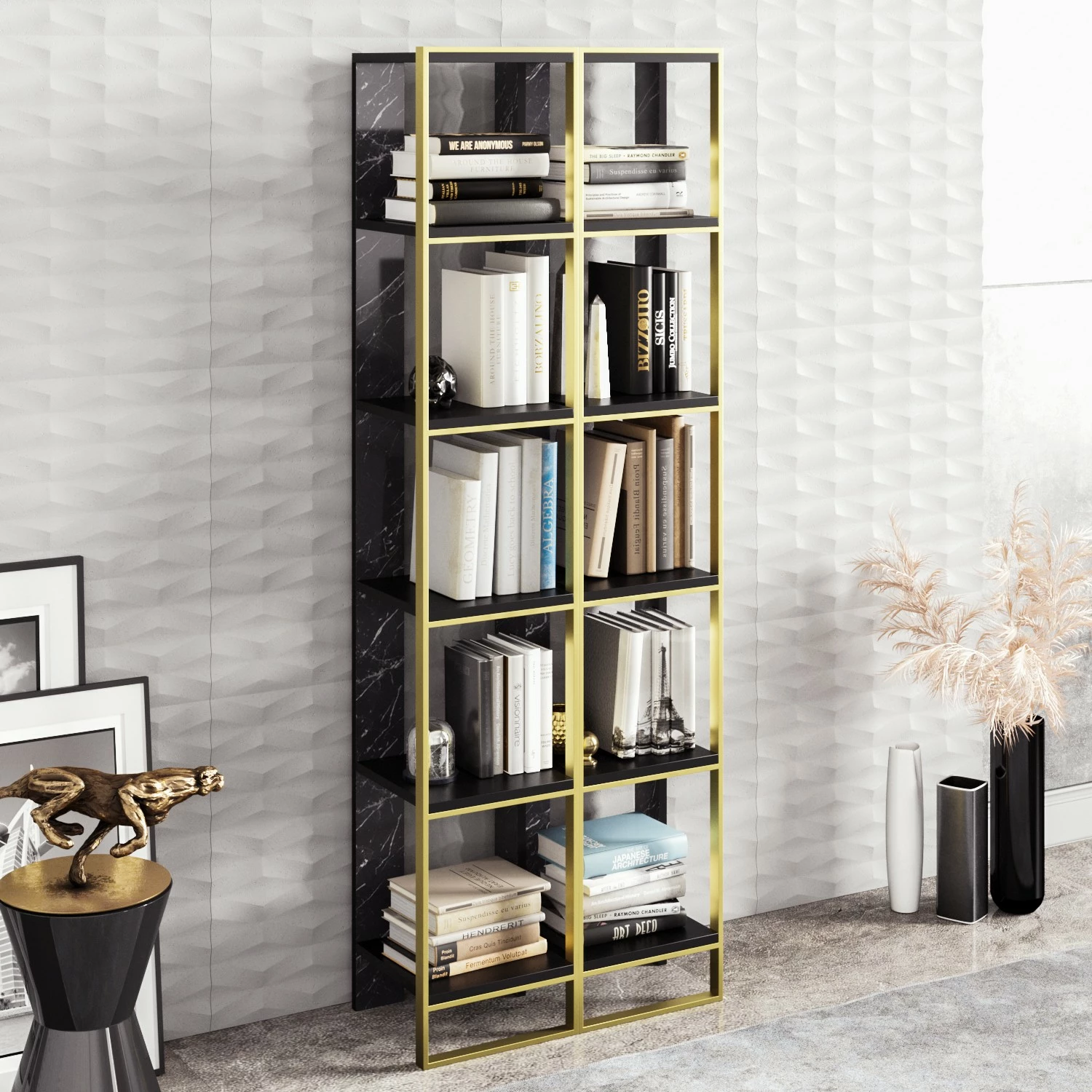 Raft librash Hanah Home, Polka 2, i zi dhe i artë (2 copë)