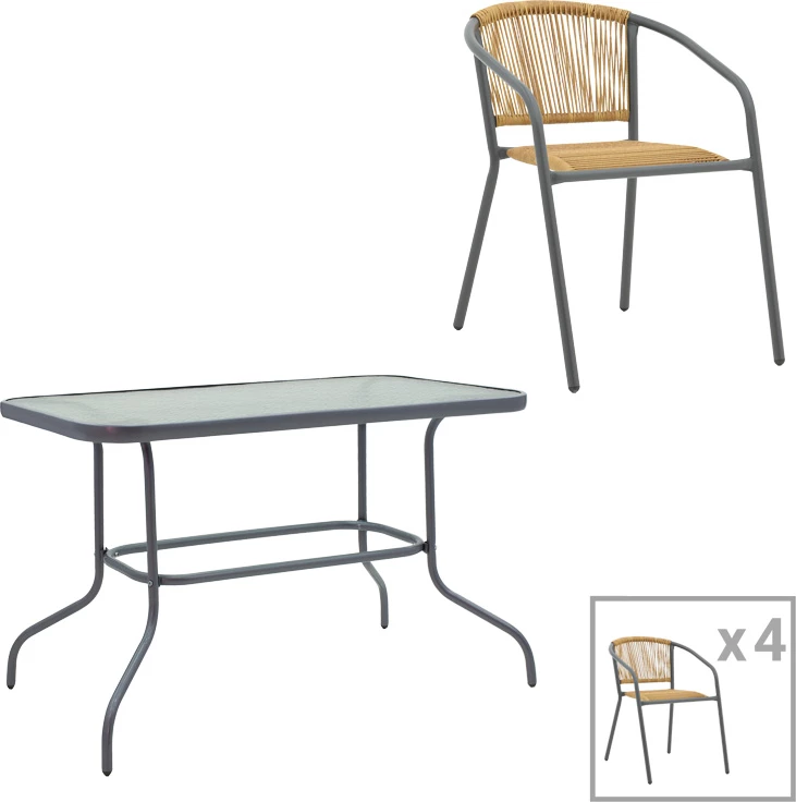 Tavolinë me karrige Valor-Lindaria, set prej 5 pjesësh, metal antracit-xham-pe rattan, hije natyrale, 110x60x70cm