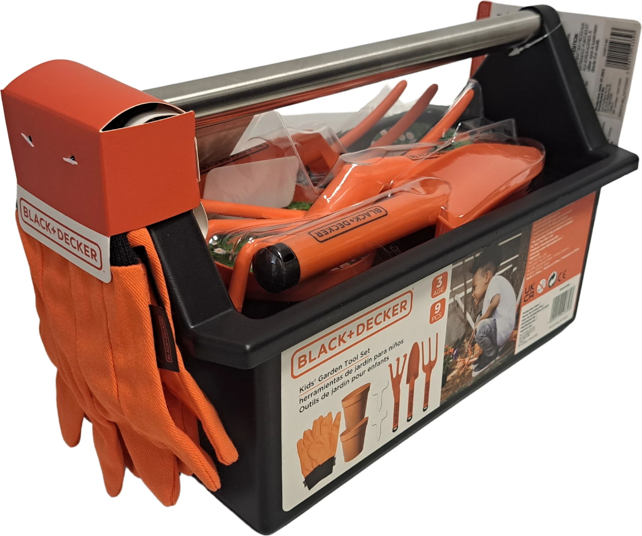 Set veglash kopshtarie për fëmijë Black&Decker SGH013-BD, 3+ vjeç, me kuti, doreza, grabujë, mistrí, lopatë e vogël, pirun, 2 vazo, 2 tabela shënimi, portokalli/zi