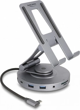 Docking station DeLOCK 4K me mbajtëse, HDMI, LAN, USB-C/USB-A, SD/MicroSD, PD 60W, 360° rrotullues, gri