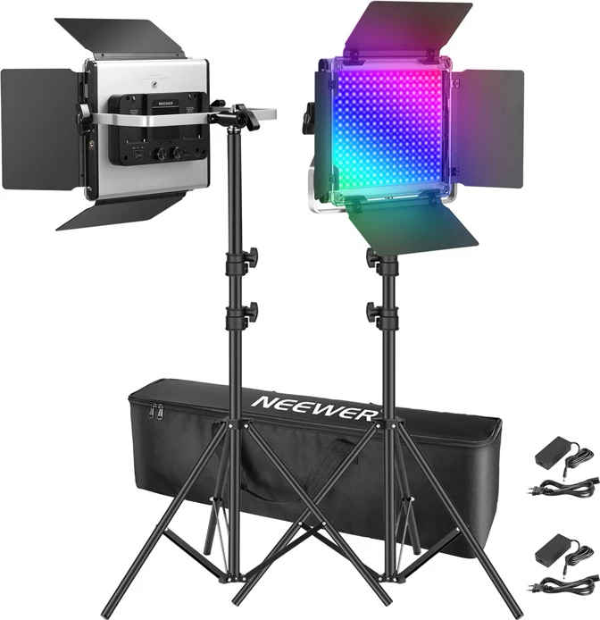 Set llamba LED, Neewer 660 PRO II RGB 10105684, 2×50 W CRI 97+ CCT 3200-5600K me Bluetooth, me tripoda 2×200 cm dhe çantë