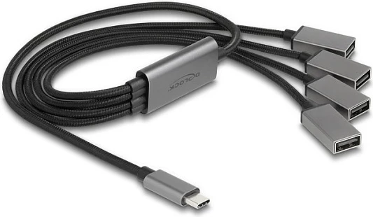 USB hub DeLOCK 4-port USB 2.0, USB-C në 4x USB-A, kabllo 0.6 m, metal, zi/gri